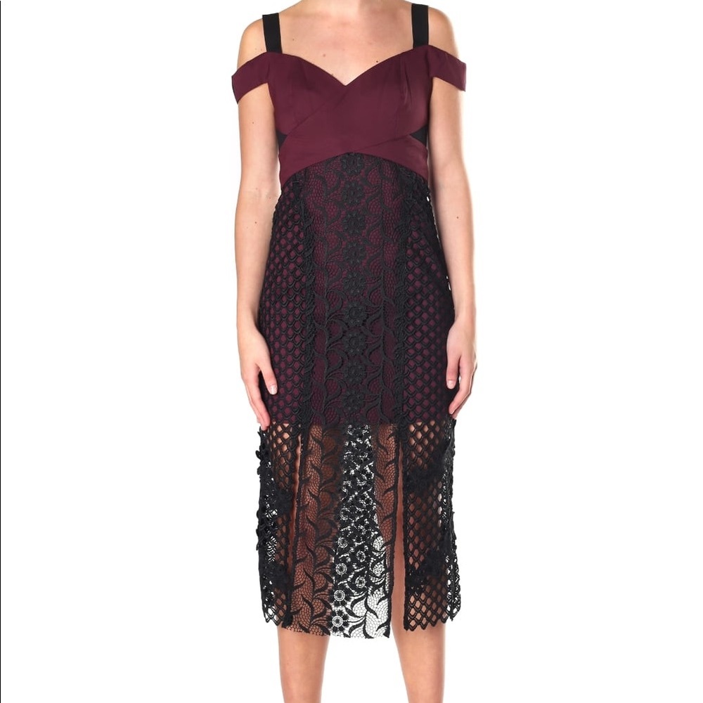 Three Floor burgundy and black lace dress